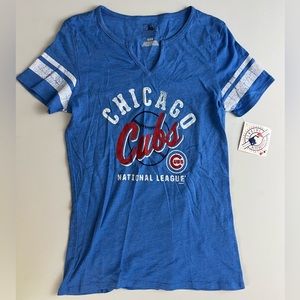MLB Chicago Cubs Royal Blue Short Sleeve V-Neck Tee with White Sleeve Stripes